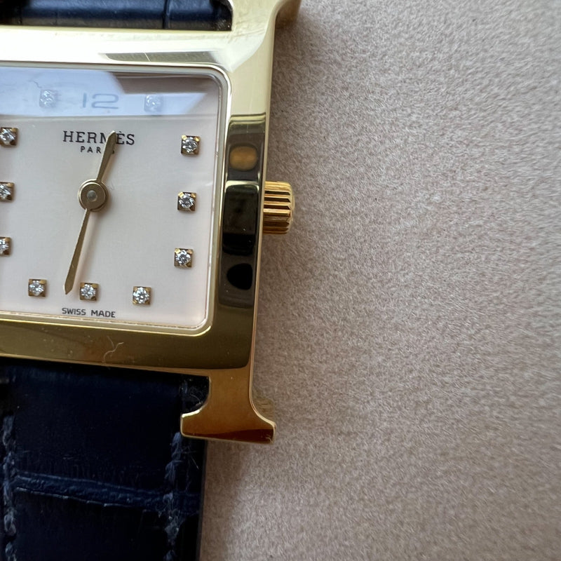 Hermes Heure H PM Watch with Diamond Markers, Gold Plated Case with Rose Pale and Dark Blue Alligator Strap