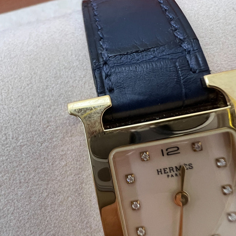 Hermes Heure H PM Watch with Diamond Markers, Gold Plated Case with Rose Pale and Dark Blue Alligator Strap