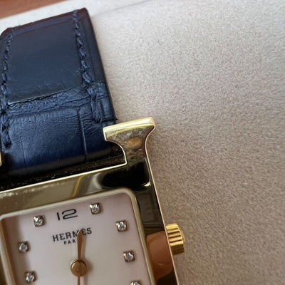 Hermes Heure H PM Watch with Diamond Markers, Gold Plated Case with Rose Pale and Dark Blue Alligator Strap