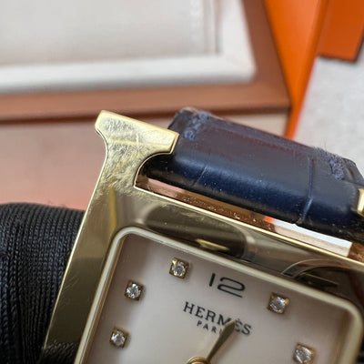 Hermes Heure H PM Watch with Diamond Markers, Gold Plated Case with Rose Pale and Dark Blue Alligator Strap