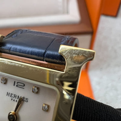 Hermes Heure H PM Watch with Diamond Markers, Gold Plated Case with Rose Pale and Dark Blue Alligator Strap