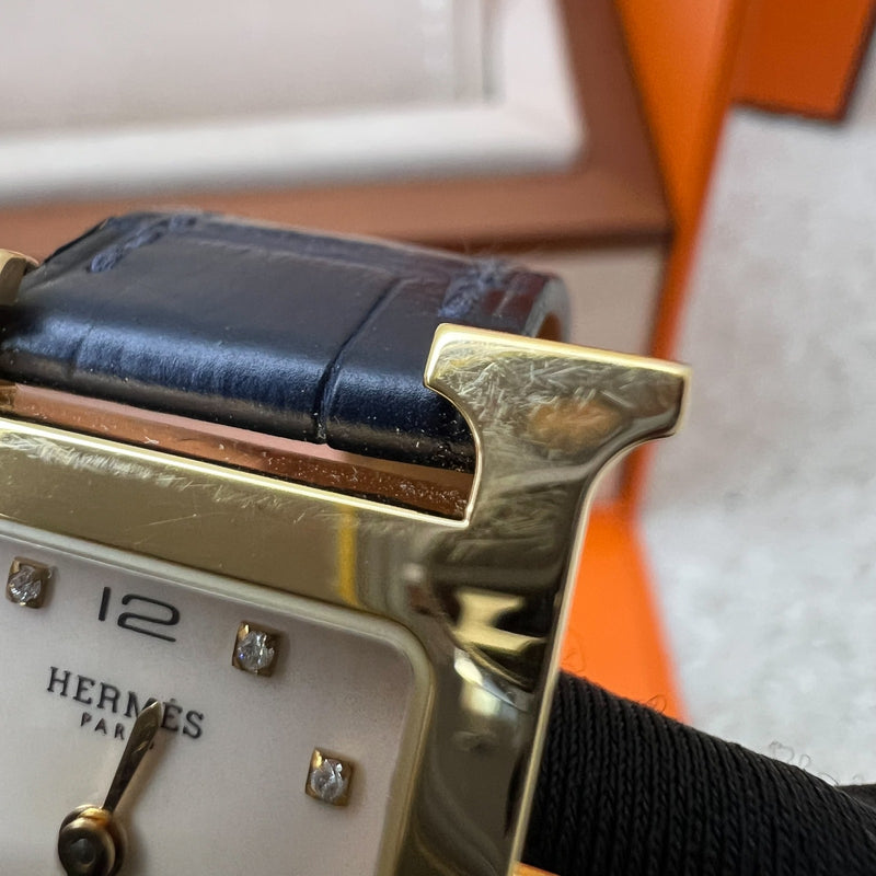 Hermes Heure H PM Watch with Diamond Markers, Gold Plated Case with Rose Pale and Dark Blue Alligator Strap