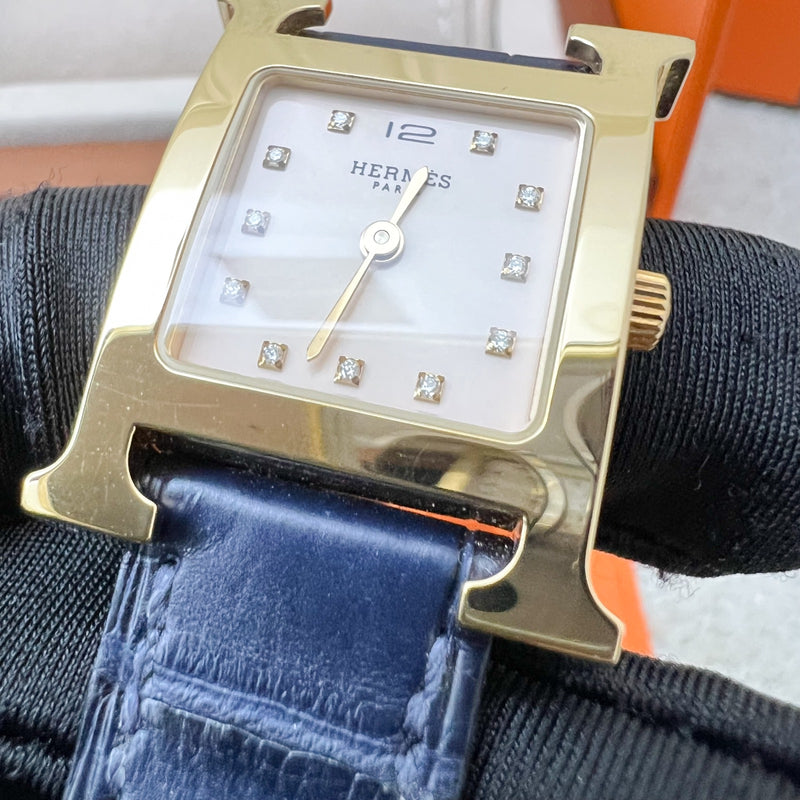 Hermes Heure H PM Watch with Diamond Markers, Gold Plated Case with Rose Pale and Dark Blue Alligator Strap