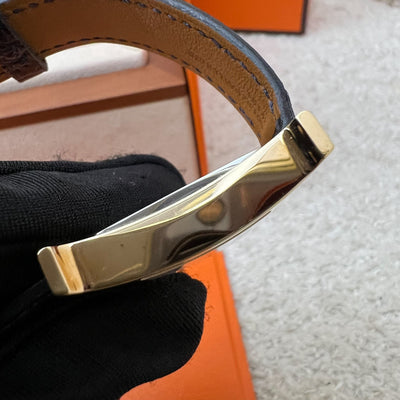 Hermes Heure H PM Watch with Diamond Markers, Gold Plated Case with Rose Pale and Dark Blue Alligator Strap