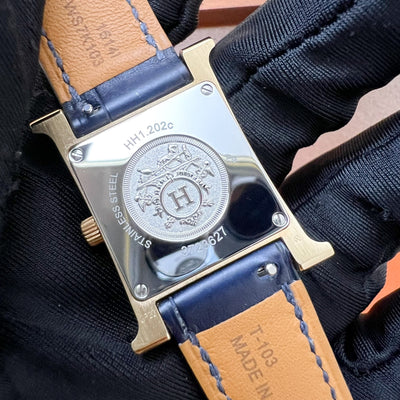 Hermes Heure H PM Watch with Diamond Markers, Gold Plated Case with Rose Pale and Dark Blue Alligator Strap