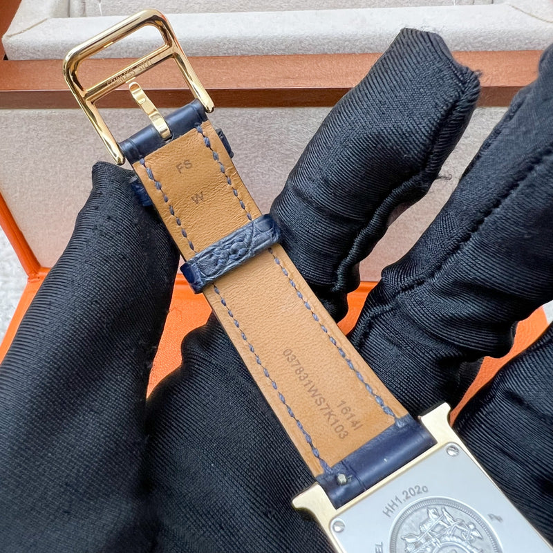 Hermes Heure H PM Watch with Diamond Markers, Gold Plated Case with Rose Pale and Dark Blue Alligator Strap