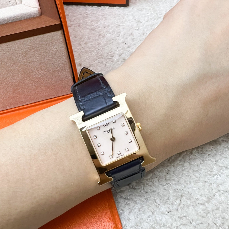 Hermes Heure H PM Watch with Diamond Markers, Gold Plated Case with Rose Pale and Dark Blue Alligator Strap