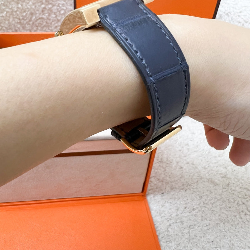 Hermes Heure H PM Watch with Diamond Markers, Gold Plated Case with Rose Pale and Dark Blue Alligator Strap