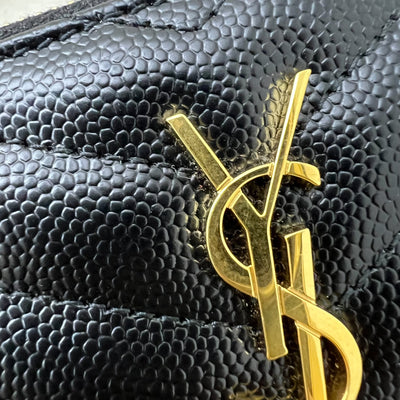 Saint Laurent YSL Monogram Zip Cardholder in Black Grained Leather GHW