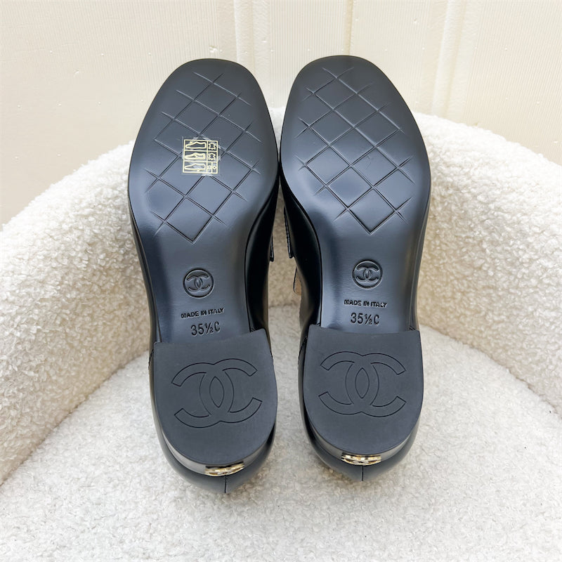 Chanel Heeled Loafers in Black Shiny Calfskin and GHW Sz 35.5