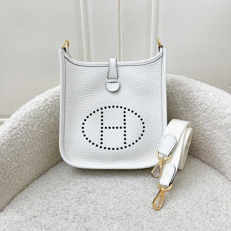 Hermes Mini Evelyne 16 in New White Clemence Leather, Canvas Strap and GHW