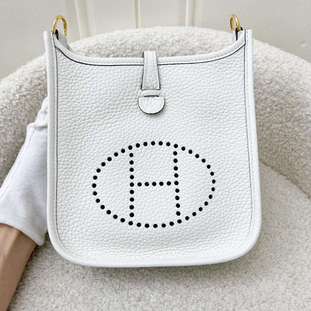 Hermes Mini Evelyne 16 in New White Clemence Leather, Canvas Strap