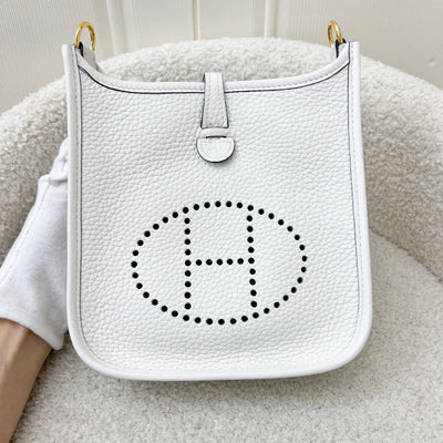 Hermes Mini Evelyne 16 in New White Clemence Leather, Canvas Strap and GHW