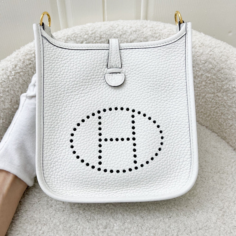 Hermes Mini Evelyne 16 in New White Clemence Leather, Canvas Strap and GHW