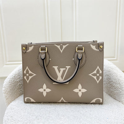 LV Onthego PM in Tourterelle (Grey) / Creme Giant Monogram Empreinte Leather and GHW