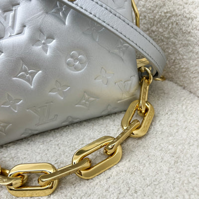 LV Pochette Coussin BB in Silver Monogram Embossed Puffy Lambskin and GHW