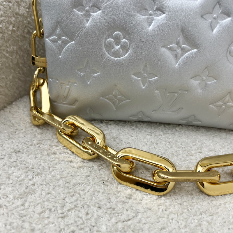 LV Pochette Coussin BB in Silver Monogram Embossed Puffy Lambskin and GHW