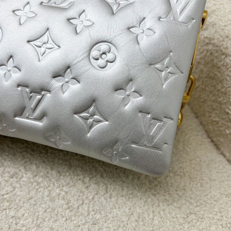 LV Pochette Coussin BB in Silver Monogram Embossed Puffy Lambskin and GHW