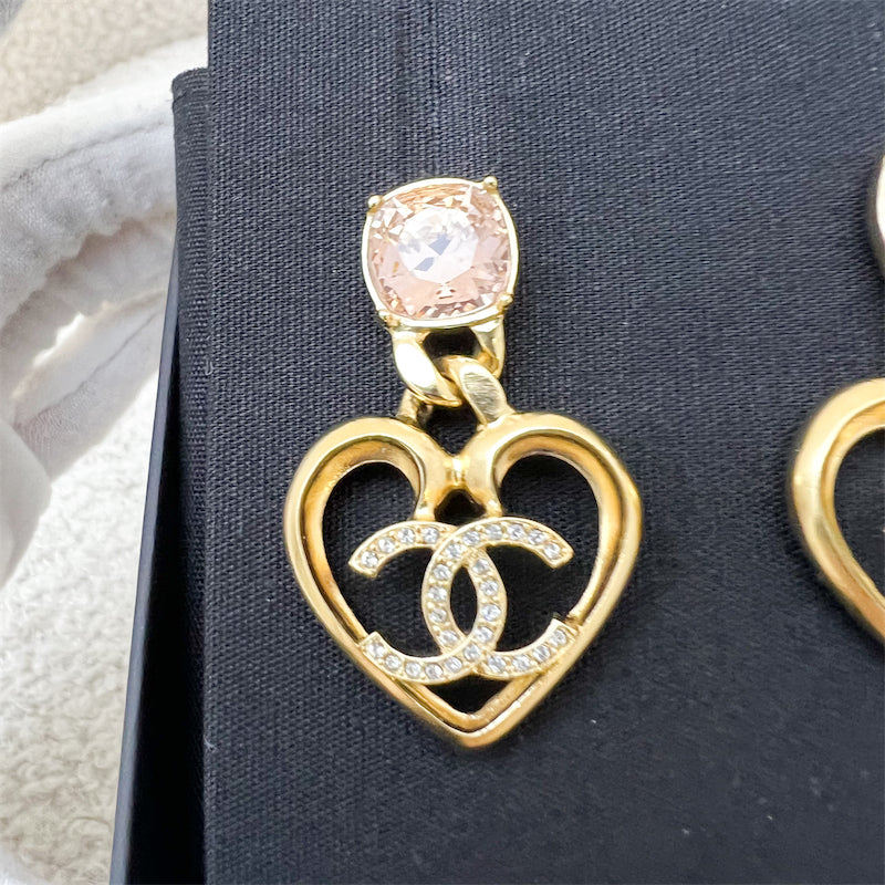 Chanel 23C Pink Crystals Dangling Heart Logo Earrings GHW