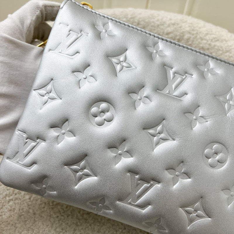 LV Pochette Coussin BB in Silver Monogram Embossed Puffy Lambskin and GHW