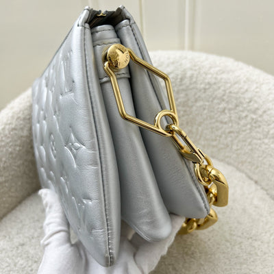 LV Pochette Coussin BB in Silver Monogram Embossed Puffy Lambskin and GHW