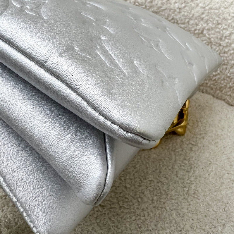 LV Pochette Coussin BB in Silver Monogram Embossed Puffy Lambskin and GHW