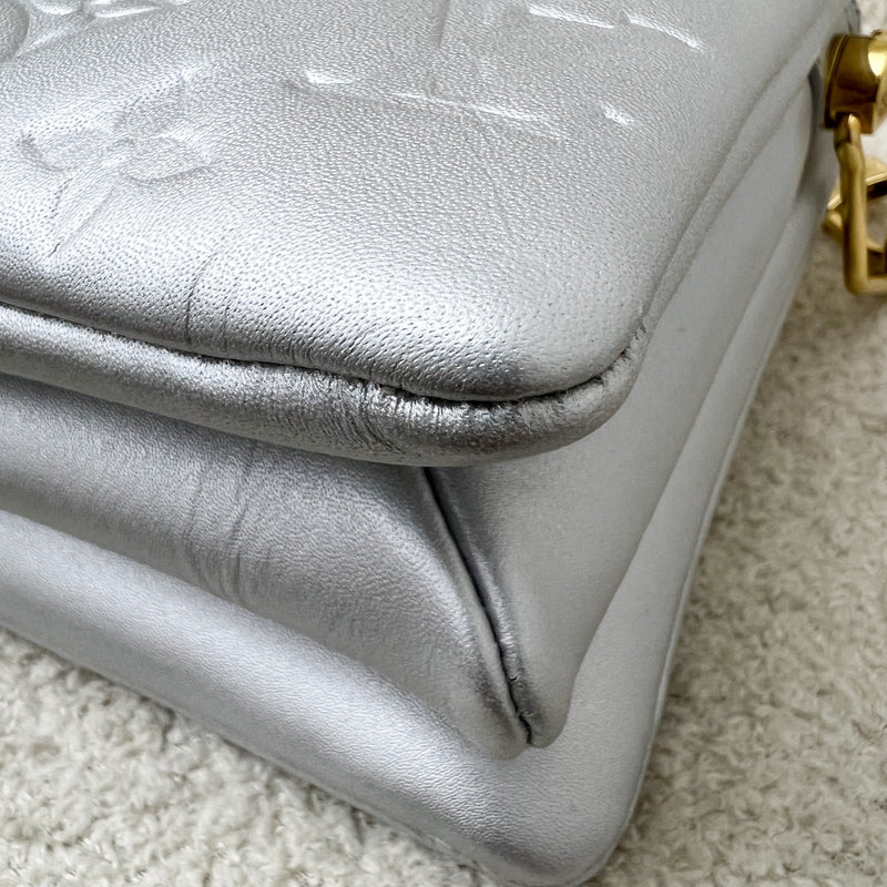 LV Pochette Coussin BB in Silver Monogram Embossed Puffy Lambskin and GHW