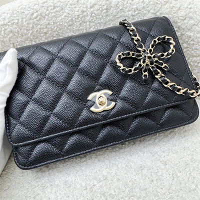 Chanel 23S Ribbon Chain Wallet on Chain WOC in Black Caviar LGHW