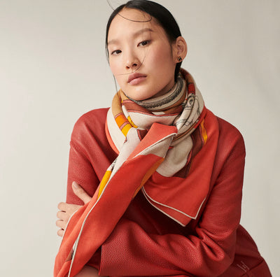 Hermes 140cm L'Instruction du Roy Shawl in HG / Corail / Orange / Naturel in 70% Cashmere and 30% Silk