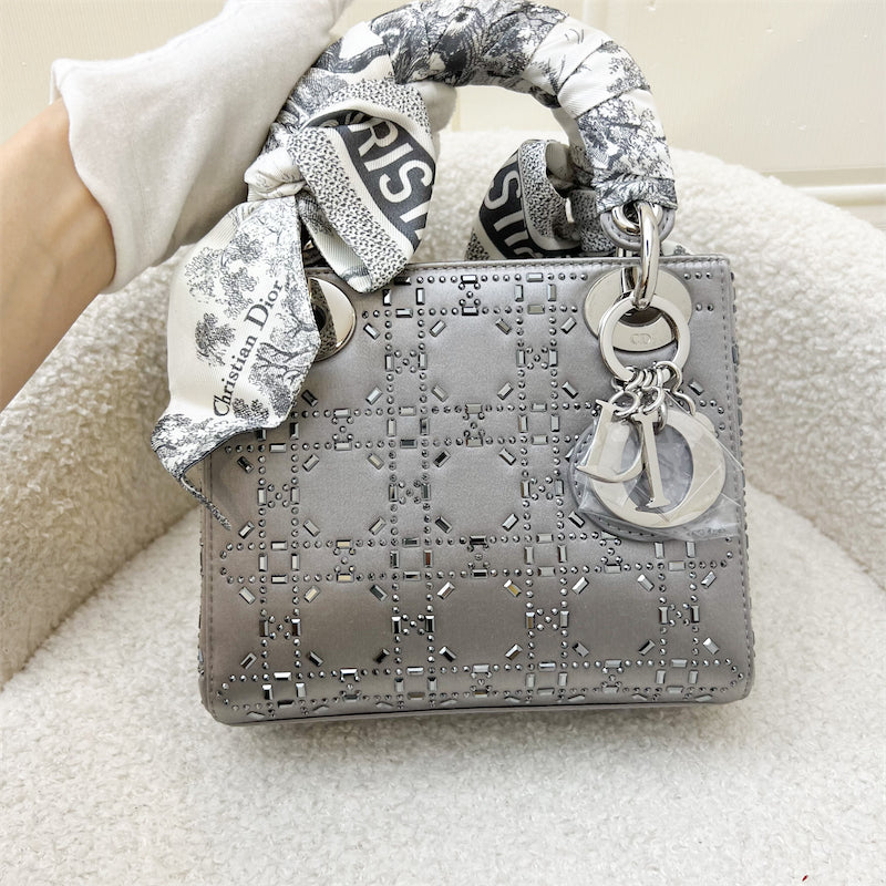 Dior Mini Lady Dior Bag in Grey Strass Cannage Satin and SHW