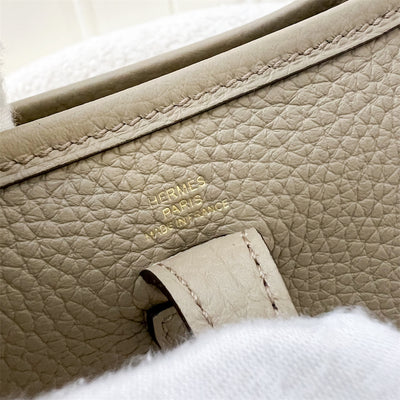 Hermes Mini Evelyne 16 in Beige Marfa Clemence Leather, Canvas Strap and GHW