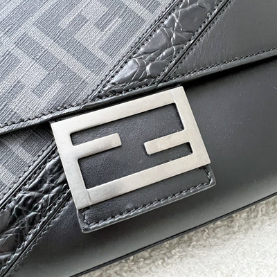 Fendi Baguette in Black Leather, Grey Canvas and SHW