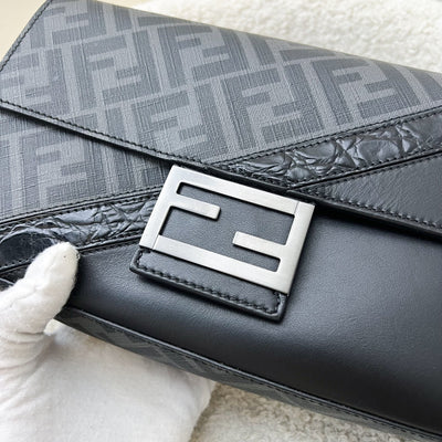 Fendi Baguette in Black Leather, Grey Canvas and SHW