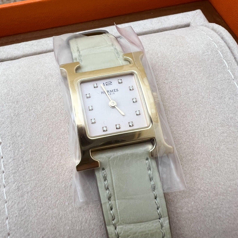 Hermes Heure H Small Watch with Diamond Markers, Gold Plated Case and Beton Matte Alligator Strap