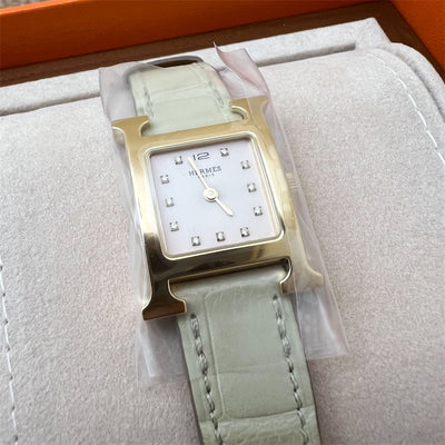 Hermes Heure H Small Watch with Diamond Markers, Gold Plated Case and Beton Matte Alligator Strap