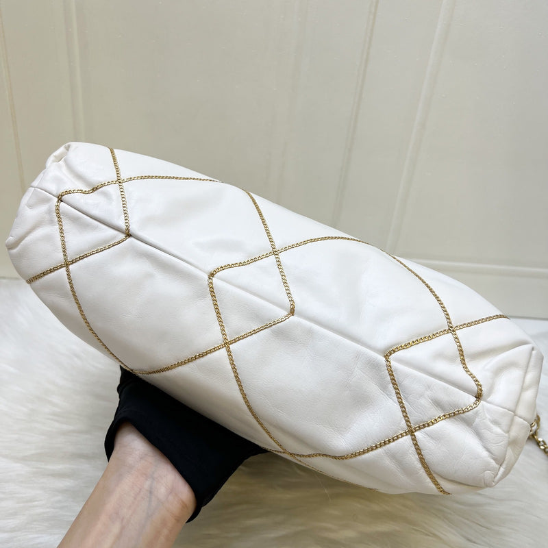 Chanel 22 Small Hobo Handbag in White Shiny Calfskin and AGHW (Model: AS3260)