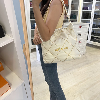 Chanel 22 Small Hobo Handbag in White Shiny Calfskin and AGHW (Model: AS3260)