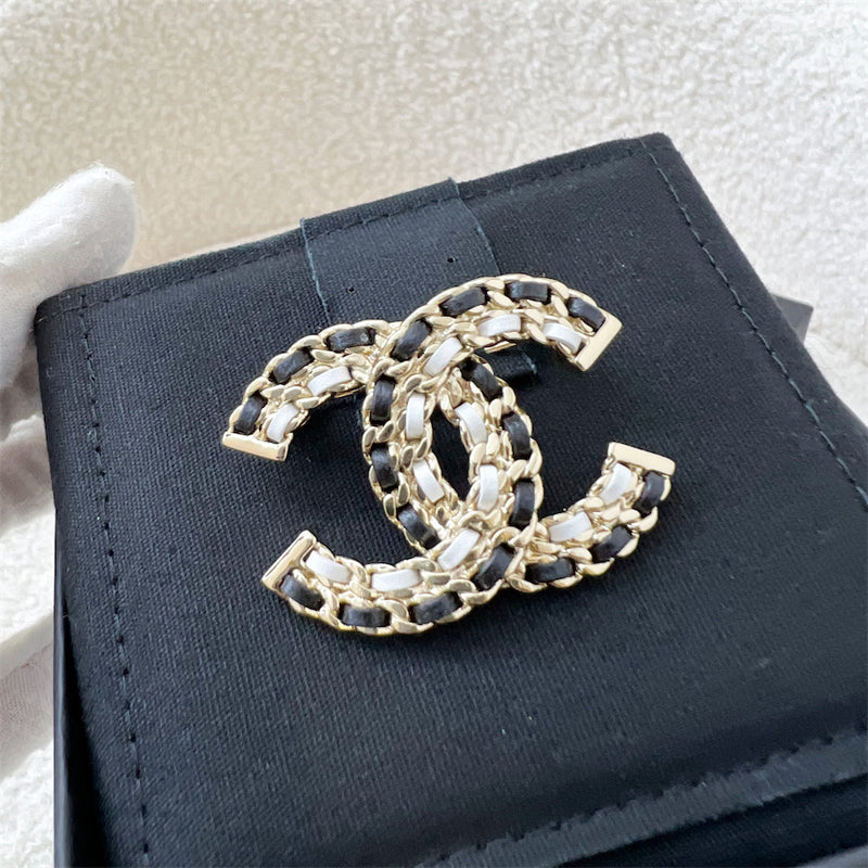 Chanel CC Brooch with Black and White Interwoven Leather and LGHW