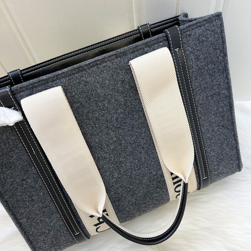 Chloe Woody Medium Tote Bag in Cashmere Grey Felt Fabric and Black Leather Trim