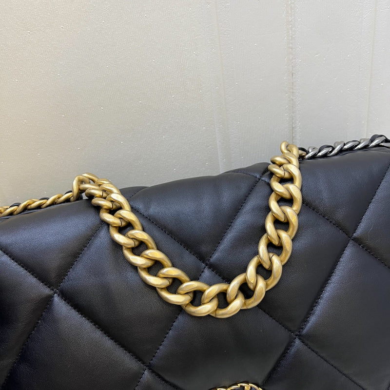 Chanel 19 Maxi Flap in Black Lambskin and 3-tone HW (Model: AS1162)