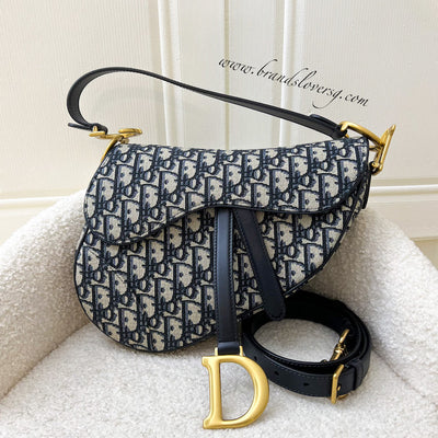 Dior Medium Saddle Bag in Navy Oblique Canvas and AGHW