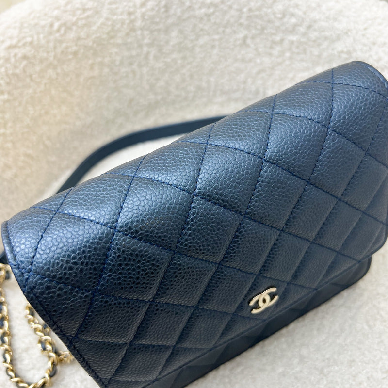 Chanel Square Wallet on Chain WOC in Metallic Blue Caviar and LGHW (Model: A84310)