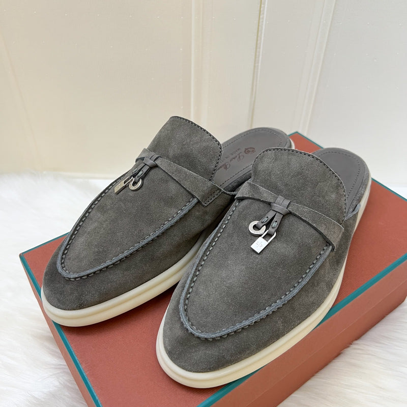 Loro Piana Summer Charms Play Mules in Grey Suede and SHW Sz 36.5