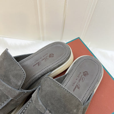 Loro Piana Summer Charms Play Mules in Grey Suede and SHW Sz 36.5