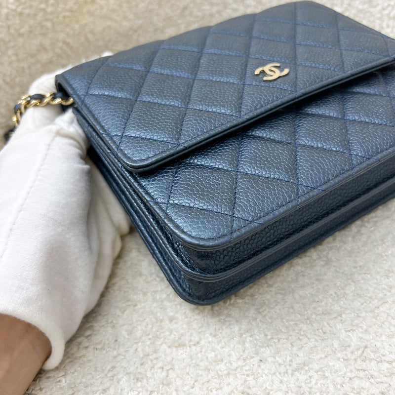 Chanel Square Wallet on Chain WOC in Metallic Blue Caviar and LGHW (Model: A84310)