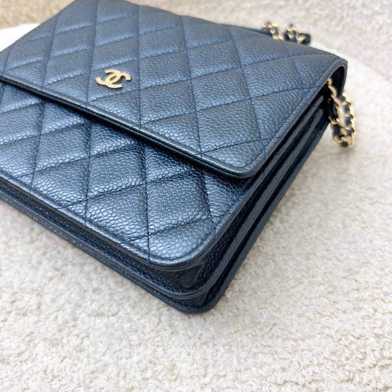 Chanel Square Wallet on Chain WOC in Metallic Blue Caviar and LGHW (Model: A84310)