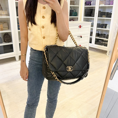 Chanel 19 Maxi Flap in Black Lambskin and 3-tone HW (Model: AS1162)