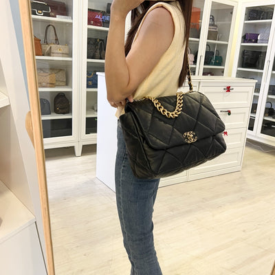 Chanel 19 Maxi Flap in Black Lambskin and 3-tone HW (Model: AS1162)