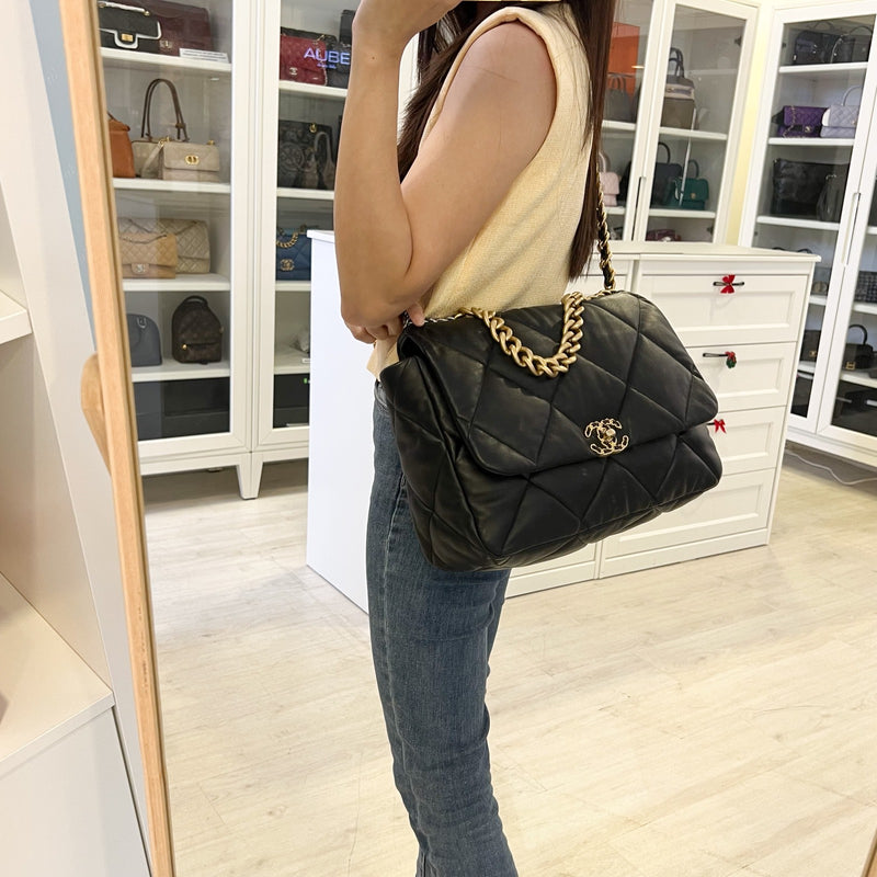 Chanel 19 Maxi Flap in Black Lambskin and 3-tone HW (Model: AS1162)