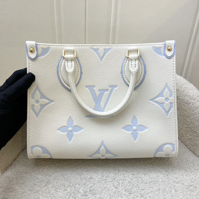 LV Milky Way Onthego PM Tote in Latte and Candy Blue Giant Monogram Empreinte Leather and GHW